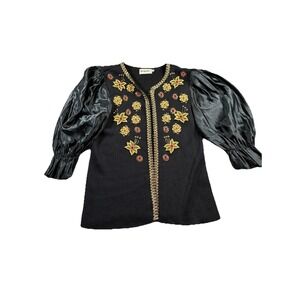 Magnolia Cardigan Womens Medium Black Jacket Sweater Beaded Silk Floral Fairy